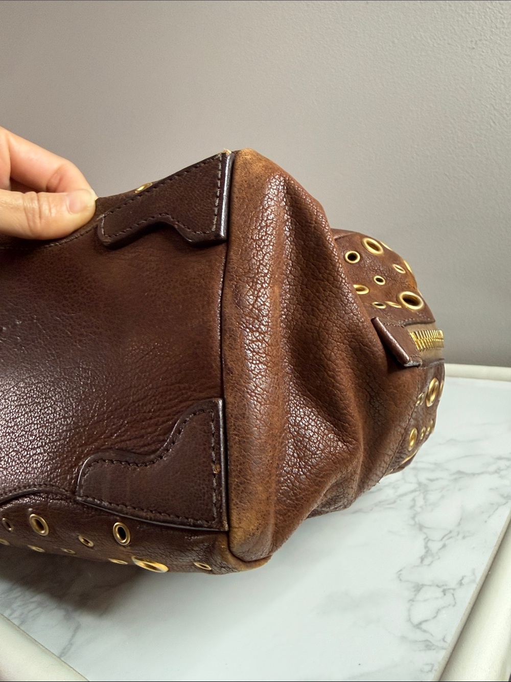 Prada Dark Brown Leather Grommet Satchel with Gold Hardware - Picture 8 of 12